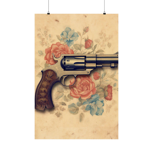 Vintage Revolver and Floral Poster | Timeless Western Elegance 🌹